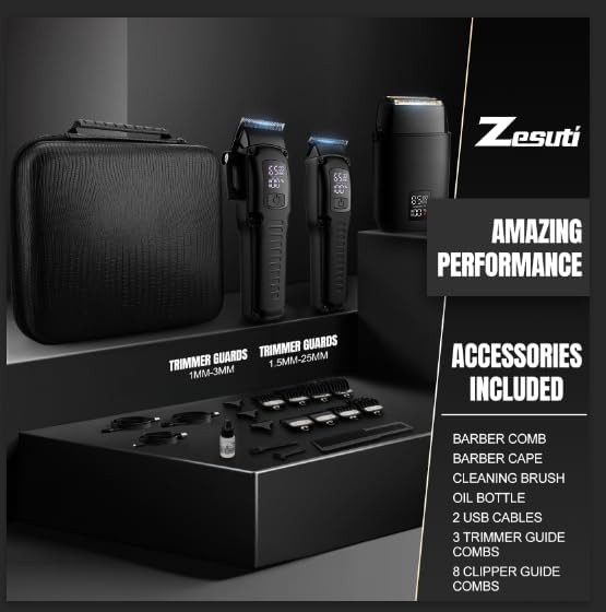 Professional Barber Hair Clippers Trimmer Shaver Set for Men,Cordless Hair Cutting Kit & Zero Gap T-Blade Trimmer & 8500 RPM Electric Shaver Combo with EVA Case,Mens Gift