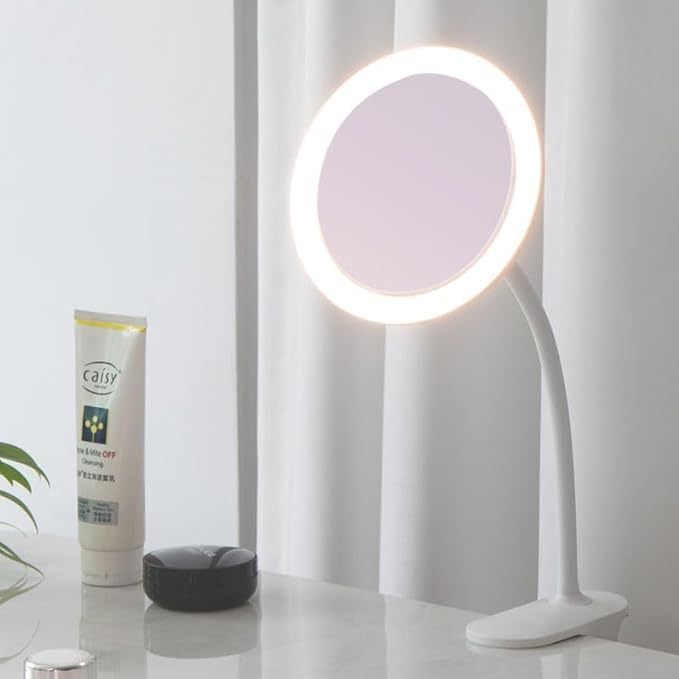 6.5" Clip On Gooseneck Makeup Vanity Mirror With Light, 2000mAh USB Lighted Travel Mirror, White 1X
