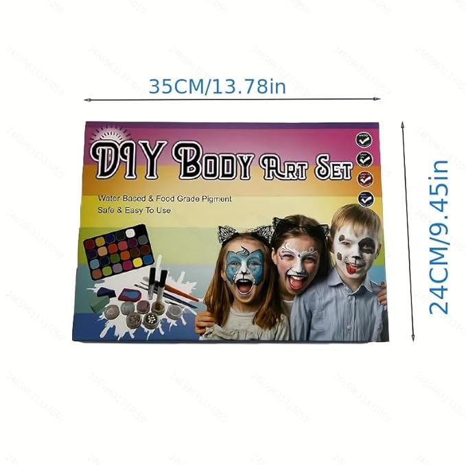 Face Painting Kit DIY Body Art Set - 24 Colors With Stencils Brushes and Hair Chalk - Professional Body Makeup Kit for Parties Birthdays Halloween