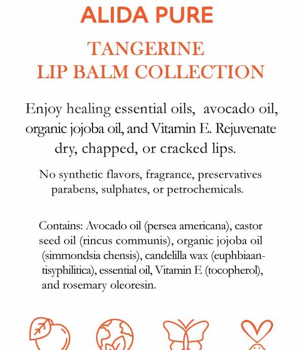 ALIDA PURE Tangerine Lip Balm, Vegan Set, Beeswax Free, with Organic Jojoba and Avocado Oil, Candelilla Wax, and Vitamin E, Natural Moisturizer For Dry, Chapped, or Cracked Lips, 3 Tube Set
