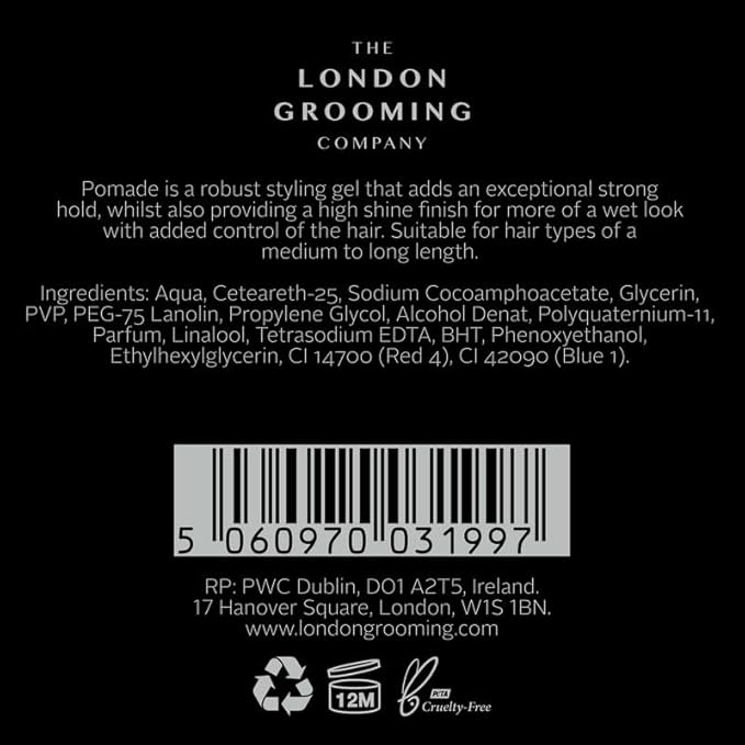 The London Grooming Company Water-Based Hair Pomade For Men | Strong All-Day Hold | High Shine Finish | Easy to Wash Out | 3.4 Fl Oz (100ml)