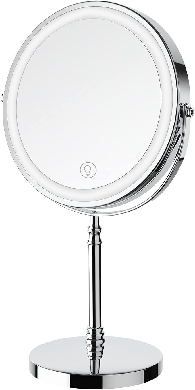 Lighted Makeup Mirror, 3000 mAh Rechargeable Double Sided Magnifying Mirror with 3 Colors, 1x/10x 360° Rotation Vanity Mirror, Brightness Adjustable Magnification Cosmetic Light up Mirror, Women Gift