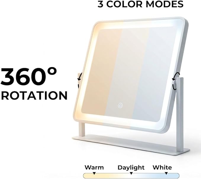 Vanity Mirror with Lights, 14"×12" Makeup Mirror with Lights, LED Makeup Mirror, Smart Touch with 3 Color Lighting Modes, Brightness Adjustable, for Bedroom Tabletop - White