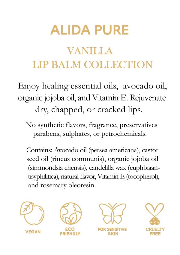 ALIDA PURE Vanilla Lip Balm Collection, Vegan Set, Beeswax Free, with Organic Jojoba and Avocado Oil, Vitamin E, Natural Moisturizer for Dry, Chapped Lips, 3 Tube Set