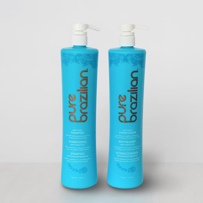 Pure Brazilian Anti-Frizz Daily Shampoo & Conditioner, Salt-Free & Color Safe, Enriched with Keratin, Argan Oil & Acai, 1 Liter (33.8 Fl Oz)