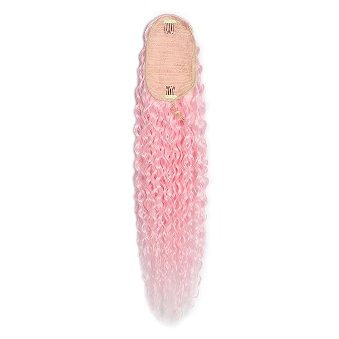 Deep Wave Ponytail Extension for Women 24 Inch Light Pink Curly Wavy Ponytail Hair Extensions Drawstring with Clips Short Synthetic Hairpiece for Daily and Party