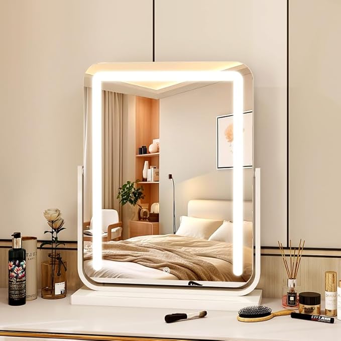Lighted Makeup Mirror with Lights,Dimmable Touch Control Vanity Mirror for Desk/Bedroom, 360° Rotation,3 Color Modes for Flawless Application - Ideal Gifts for Her (White)