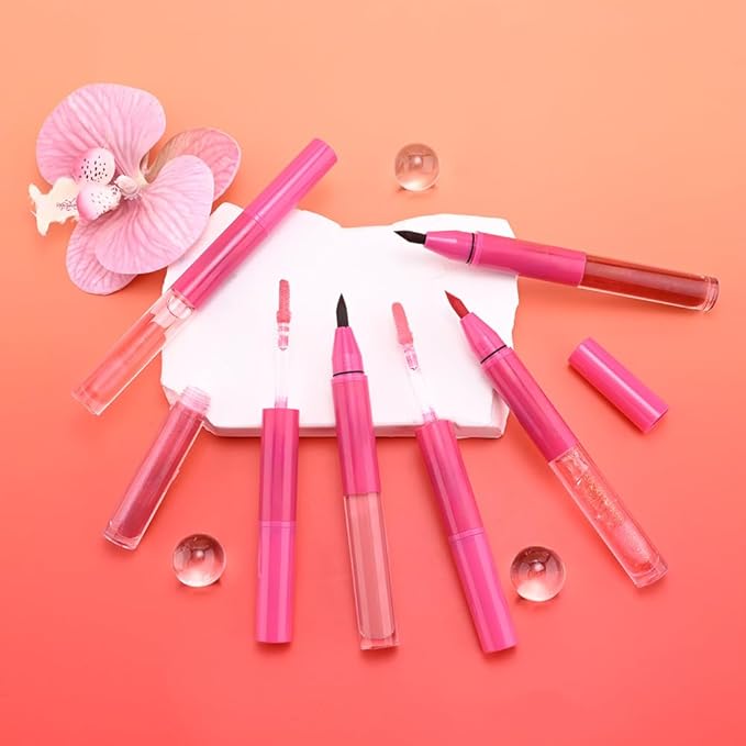 evpct Hot Pink Matte Liquid Lipstick Marker Pen Lip Liner Set with Glitter Lip Oil, 2 in 1 Lipgloss Lipstick Long Lasting Waterproof for Women, Longwear Lips Stain 24hr Original Smudge Proof labial
