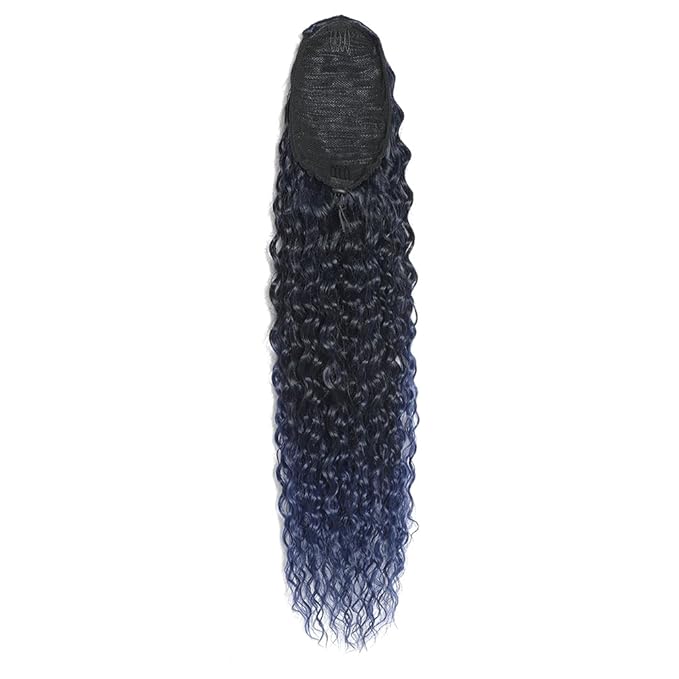 Deep Wave Ponytail Extension for Women 12 Inch Black to Dark Blue Curly Wavy Ponytail Hair Extensions Drawstring with Clips Short Synthetic Hairpiece for Daily and Party
