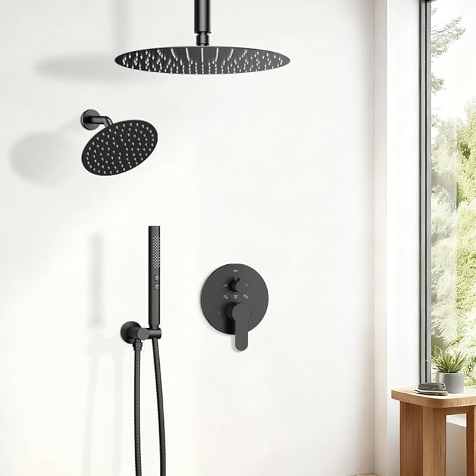 Shower Systems Shower Faucet Sets STARBATH 3 Way 12+6" Round Dual Rainfall Shower Head with Handheld Spray Combo, Ceiling Mounted Rain Shower Valve with 5 Diverter and Trim Kit Complete, Matte Black