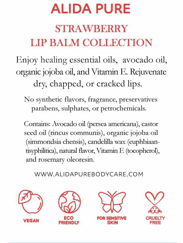 ALIDA PURE Strawberry Lip Balm Collection, Vegan Set, Beeswax Free, with Organic Jojoba and Avocado Oil, Vitamin E, Natural Moisturizer for Dry, Chapped Lips, 3 Tube Set