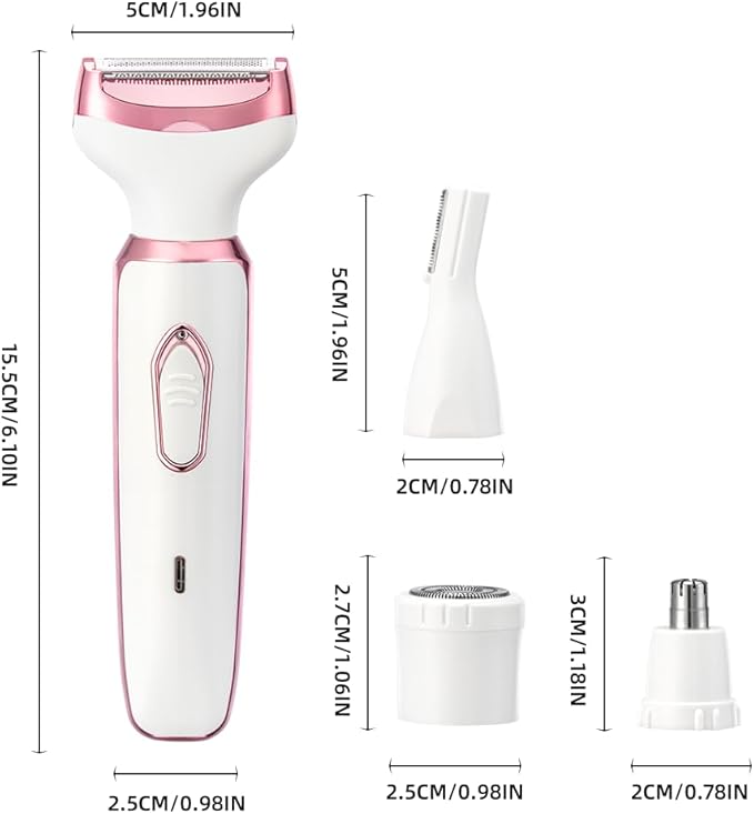 Women's Electric Razor Bikini Trimmer, 4-in-1 Cordless Shaver for Face, Legs, Underarms, Pubic Hair – Wet/Dry Use, Painless Hair Removal