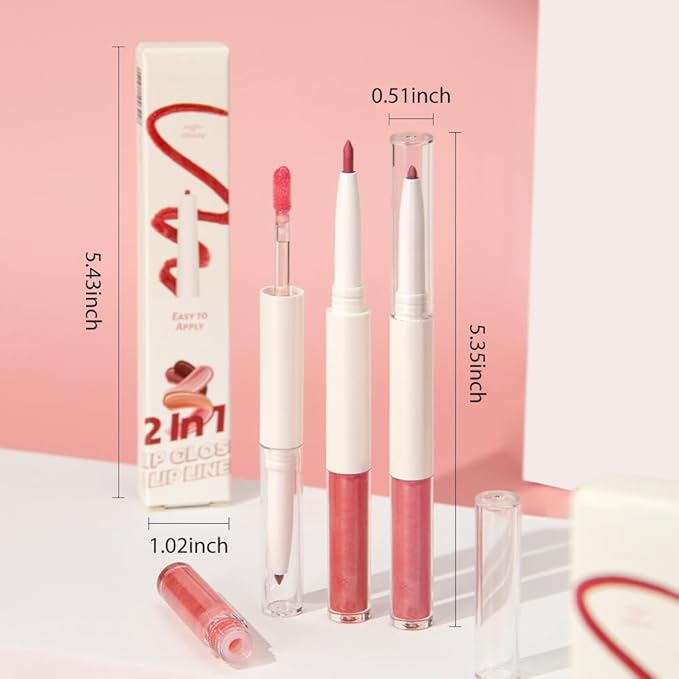 BINGBRUSH 2PCS Lip Gloss Set, Glitter 2-in-1 Lip Liner & Gloss Combo, Hydrating Lip Plumper Lifter, Easy-to-Apply Lip Tint for Daily, Work & Party, Women's Makeup