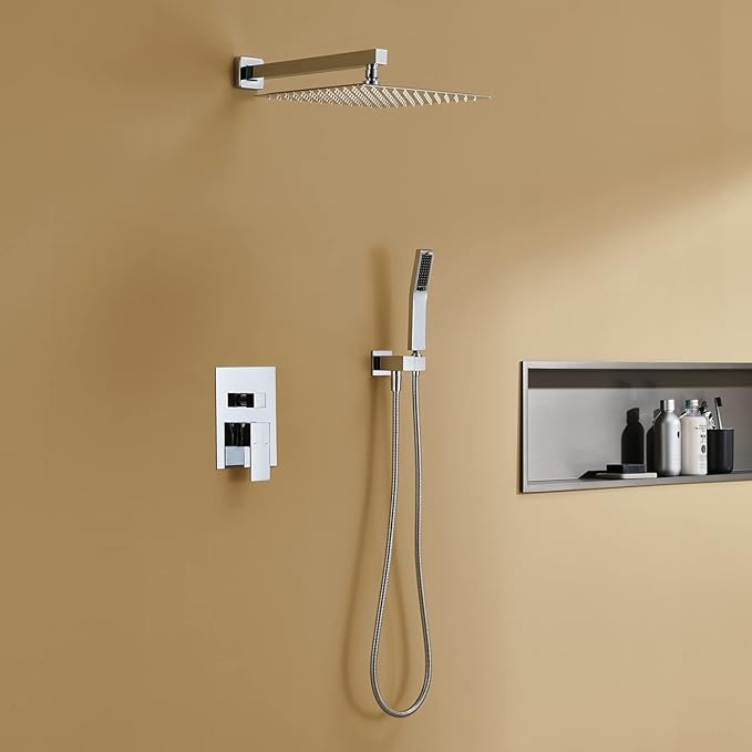 Artiqua Rain Shower System 12 Inches Shower Combo Set Chrome Wall Mount Faucet Bathroom Faucets with Rainfall Shower Head and Hand Shower