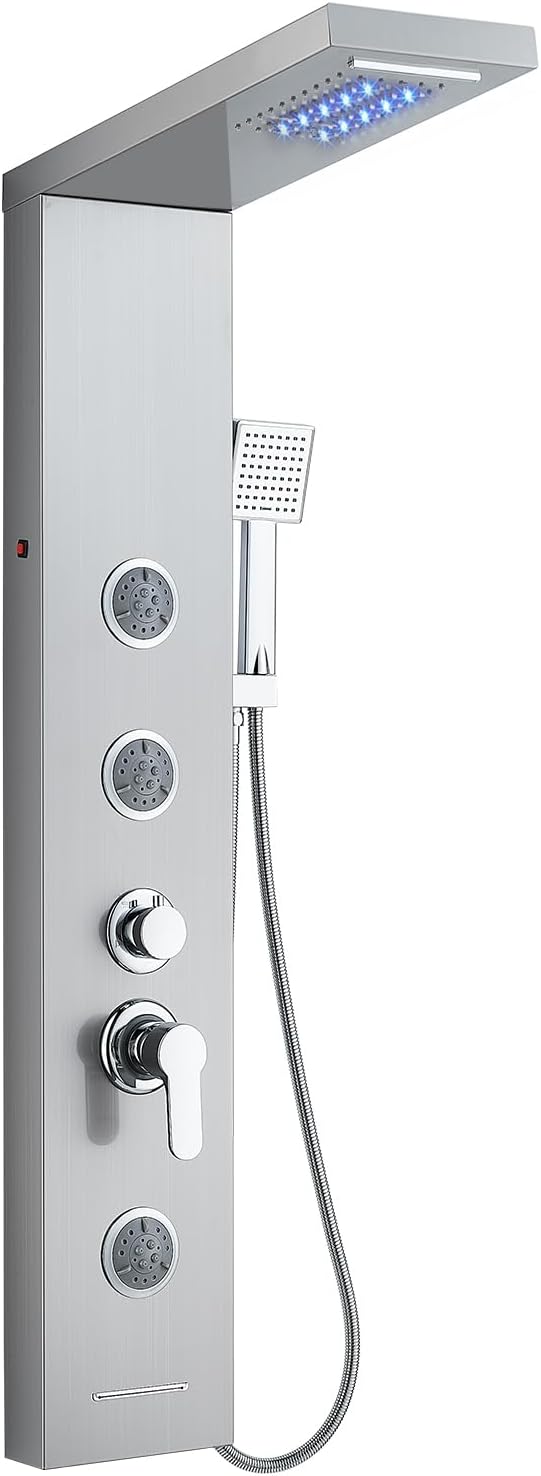 KINKIB LED Shower Panel Tower System, 6-in-1 Shower Tower with Rainfall Waterfall Shower Head, 2 Modes Powerful Body Jets, Handheld Shower and Tub Spout, Stainless Steel Shower Column, Brushed Finish