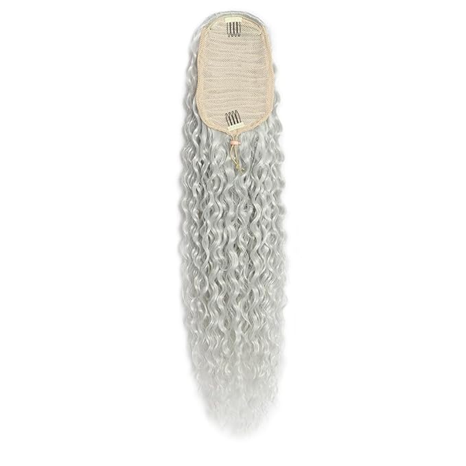 Deep Wave Ponytail Extension for Women 24 Inch Gray Curly Wavy Ponytail Hair Extensions Drawstring with Clips Short Synthetic Hairpiece for Daily and Party