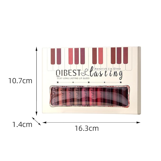 QiBest 12Pcs Matte Liquid Lipstick Set for Girls & Women, 24 Hours Long Lasting Waterproof Nude Dark Red Lip Gloss Valentine Gift Makeup Kit, Non-Stick Cup Mate Duracion 24 Horas Originales Lip Stains