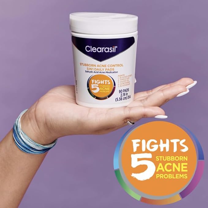 Clearasil Acne Treatment Facial Cleansing Pads, Stubborn Acne Control 5-in-1 Daily Pads, 90 Pads (Pack of 3)