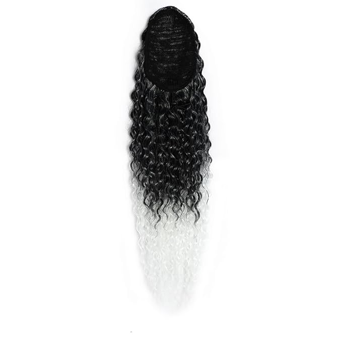 Deep Wave Ponytail Extension for Women 24 Inch Black to White Curly Wavy Ponytail Hair Extensions Drawstring with Clips Short Synthetic Hairpiece for Daily and Party