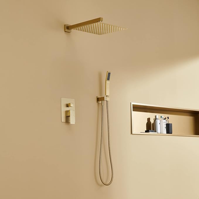 Artiqua Rain Shower System 12 Inches Shower Combo Set Brushed Gold Wall Mount Faucet Bathroom Faucets with Rainfall Shower Head and Hand Shower