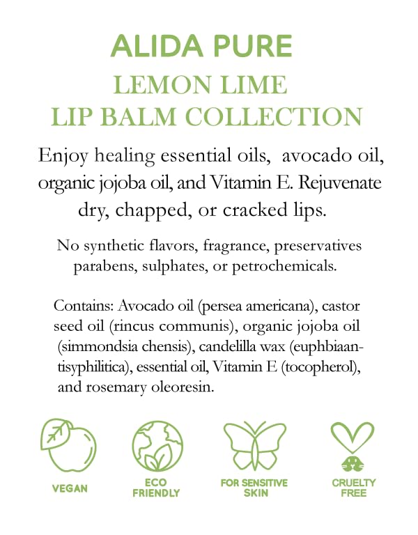ALIDA PURE Lemon Lime Lip Balm Collection, Vegan Set, Bees Wax Free, Organic Jojoba and Avocado Oil, Vitamin E, Moisturizer For Dry Cracked Lips, 3 Tubes of Lip Balm per Set