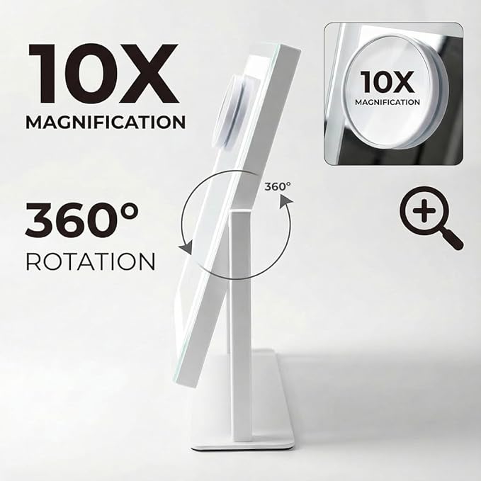 Vanity Mirror with Lights, 16" x 12" Lighted Makeup Mirror with Smart Touch Control, LED Makeup Mirror with 3 Color Lighting Modes, 10X Magnification, 360° Rotation for Tabletop - White