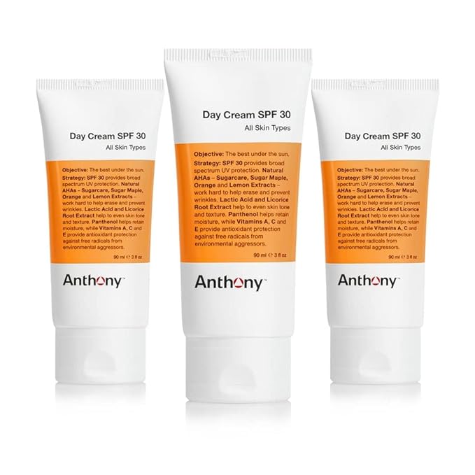 Anthony Day Cream SPF 30, 3 Fl Oz, Contains Squalane, Glycerin, Soy and Vitamin E, Hydrates, Nourishes, and Sunscreen Provides Broad Spectrum Protection To Skin (Pack Of 3)