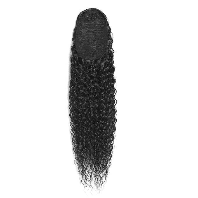 Deep Wave Ponytail Extension for Women 24 Inch Black Curly Wavy Ponytail Hair Extensions Drawstring with Clips Short Synthetic Hairpiece for Daily and Party