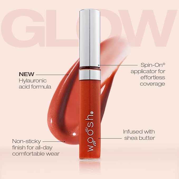 Woosh Beauty, Spin-On Lip Gloss, Hydrating Hyaluronic Acid & Shea Butter, No Fine Lines, Shine Finish, Vegan & Cruelty-Free - Glow