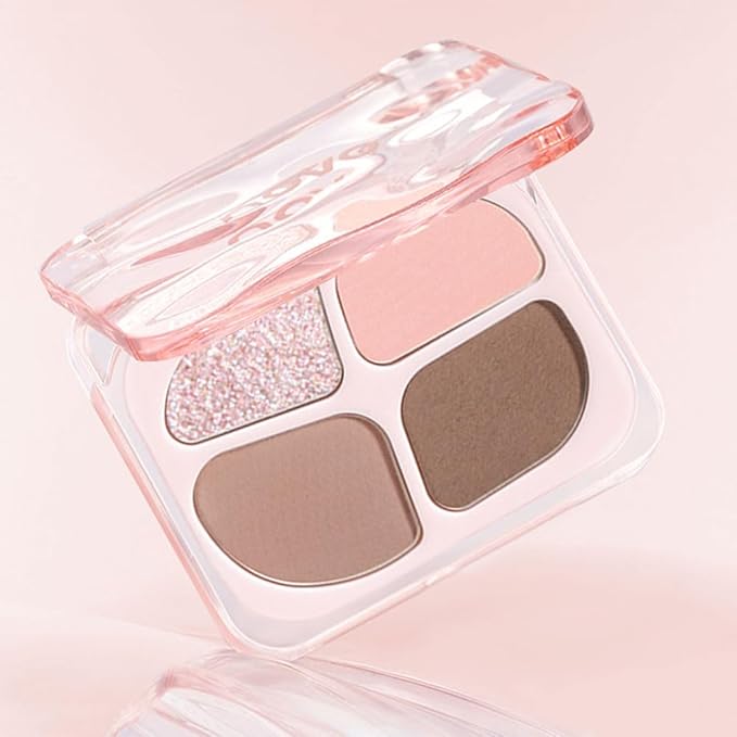 Pink Nude Mini Eyeshadow Palette – 4-Color Baby Pink & Rose Taupe Matte Shades with Pink Crystal Glitter, High Pigment Long-Lasting Blendable Warm Brown Soft Glam Eye Shadow for Daily Natural Makeup