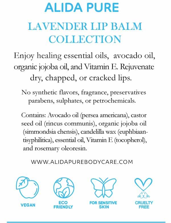 ALIDA PURE Lavender Lip Balm, Cruelty Free, Vegan Set, Beeswax Free, with Organic Jojoba and Avocado Oil, Vitamin E, Natural Moisturizer for Dry, Chapped, or Cracked Lips, 3 Tube Set