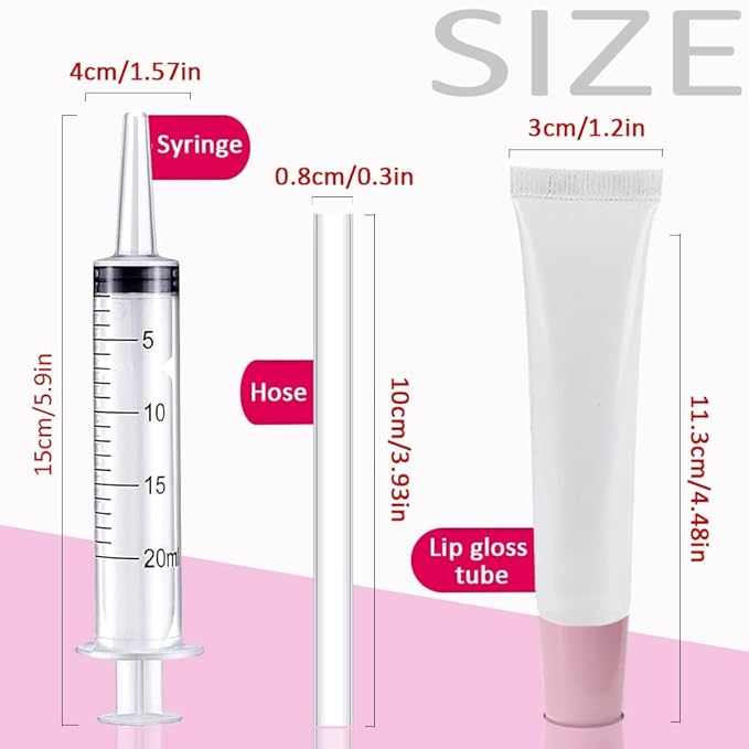AMORIX 50PCS Lip Gloss Tubes 20ml Pink Cap Lip Gloss Containers Empty Lip Balm Tubes Refillable Cosmetic Squeeze Lipgloss Tubes + 2 x 20ml Syringes Tag Labels for DIY Lip Gloss Glitter