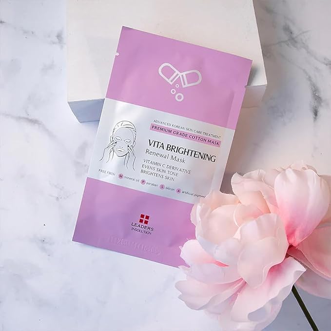 Leaders Insolution VITA Brightening Skin Renewal Mask | Vitamin C & Niacinamide for Dark Spot Reduction and Luminous Glow | 100% Natural Cotton Sheet for Dull Skin (5 Sheets)