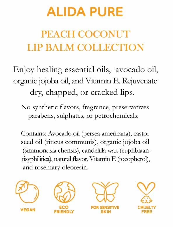 ALIDA PURE Peach Coconut Lip Balm Collection, Vegan Set, Lip Balm, Beeswax Free, with Organic Jojoba And Avocado Oil, Vitamin E, Natural Moisturizer for Dry, Chapped Lips, 3 Tube Set