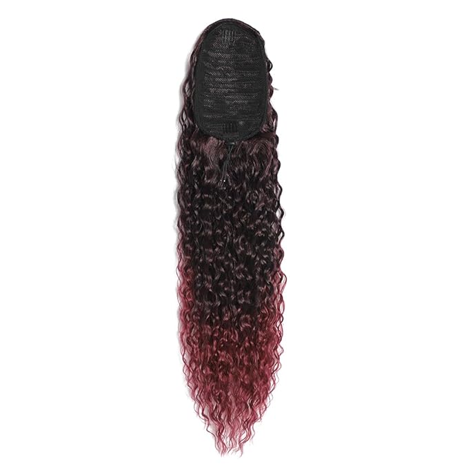 Deep Wave Ponytail Extension for Women 24 Inch Black to Burgundy Red Curly Wavy Ponytail Hair Extensions Drawstring with Clips Short Synthetic Hairpiece for Daily and Party