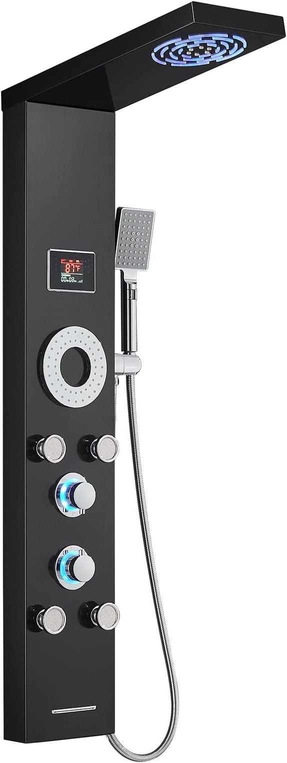 TSIBOMU LED Shower Panel Tower System, 304 Stainless Steel Bathroom Shower Tower with 3 Body Massage Jets, Shower Column Wall Mounted