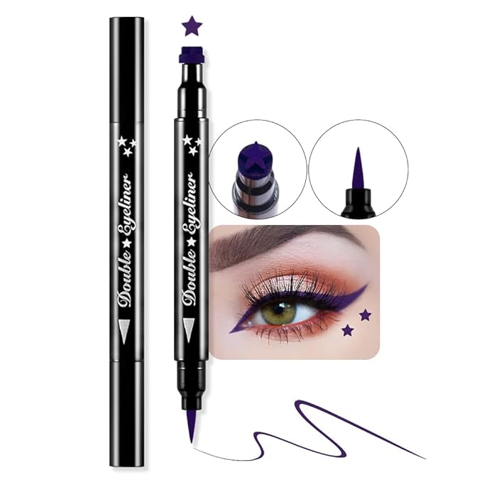BINGBRUSH Double-head Liquid Stamp Eyeliner Pencil, Colors Flowers Heart Moon Star Shapes Face Stamps Makeup Colorful Waterproof Slim Gel Felt Tip High Pigment Liquid Eyeliner (05#Star&Purple)
