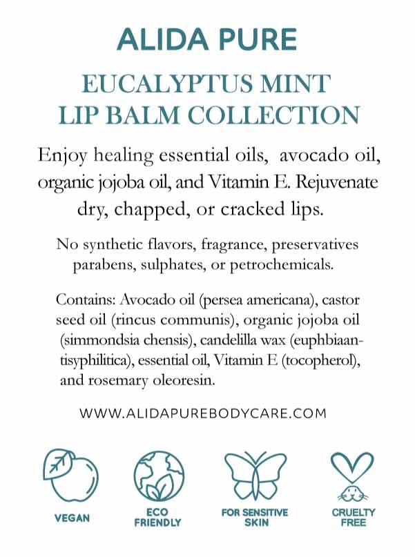 ALIDA PURE Eucalyptus Mint Lip Balm Collection, Vegan Set, Beeswax Free, with Organic Jojoba and Avocado Oil, Vitamin E, Natural Moisturizer for Dry, Chapped Lips, 3 Tube Set