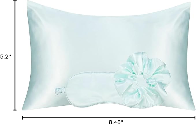 KISMETICS - Vegan Silk Sleep Set, Silky Pillowcase with Large Scrunchie and Eye Mask for Hair and Skin, Self Care Essential Satin Night Routine Kit (Mint Blue Color)