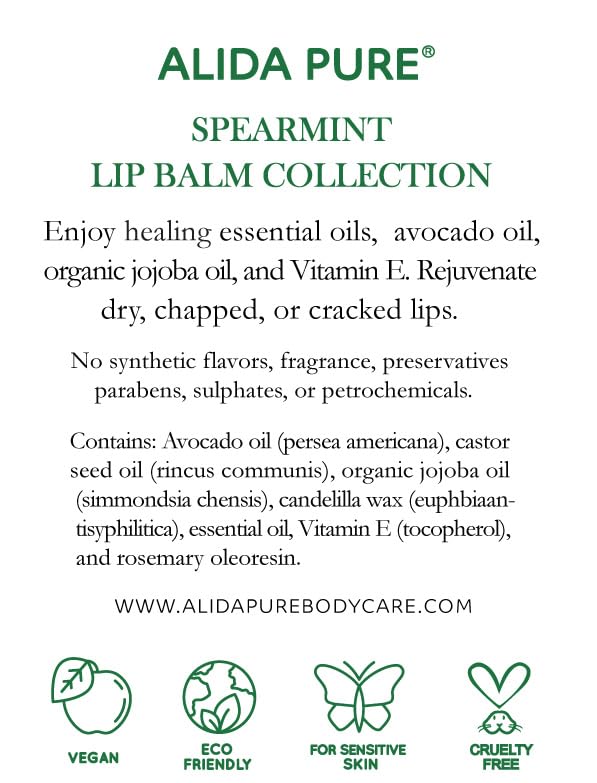 ALIDA PURE Spearmint Lip Balm Collection, Vegan Set, Beeswax Free, with Organic Jojoba and Avocado Oil, Vitamin E, Natural Moisturizer for Dry, Chapped Lips, 3 Tube Set