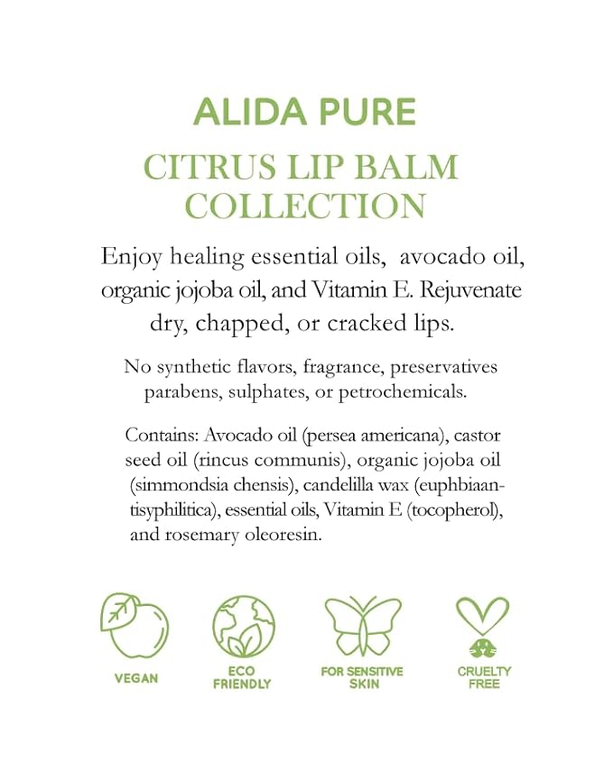 ALIDA PURE Citrus Lip Balm Collection, Vegan Set, Bees Wax Free, Coconut Oil Free, with Organic Jojoba and Avocado Oil, Vitamin E, Natural Moisturizer For Dry Cracked Lips, 3 Tube Set
