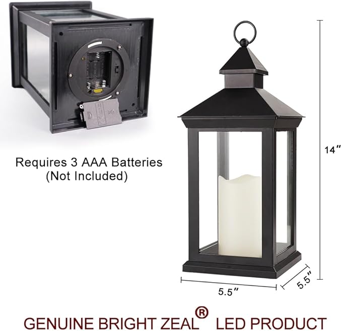 Bright Zeal 14" Decorative Candle Lantern Black Outdoor Lanterns Timer Candles - IP44 Waterproof Vintage Lanterns Battery Powered LED Decorative for Wedding - Warm White Hanging Wall Lanterns Indoor