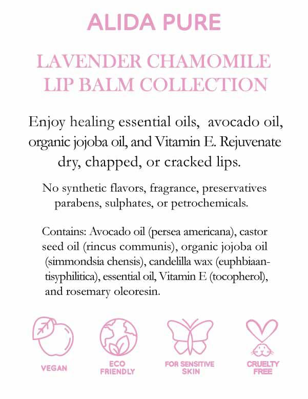 ALIDA PURE Lavender Chamomile Lip Balm Collection, Vegan Set, Beeswax Free, with Organic Jojoba and Avocado Oil, Vitamin E, Natural Moisturizer for Dry, Chapped Lips, 3 Tube Set