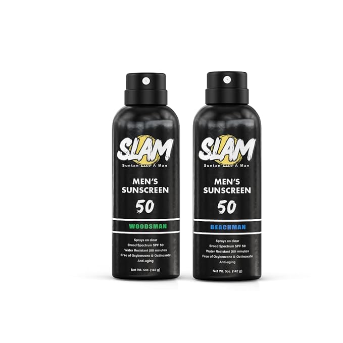 SLAM WoodsMan & BeachMan Bundle - Men's Scented Sunscreen, Sunscreen Spray, Water Resistant Sunscreen, Paraben Free, Broad Spectrum UVA/UVB Sunscreen (Large, 50, Sun Protection Factor (SPF))