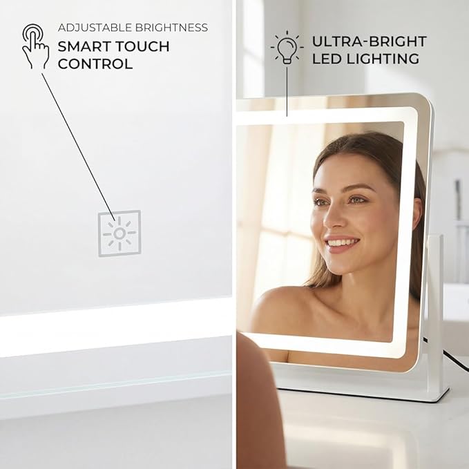 Vanity Mirror with Lights, 22''x17'' Lighted Makeup Mirror, LED Makeup Mirror, Smart Touch with 3-Color Lighting Modes, Dimmable, for Bedroom Tabletop - White