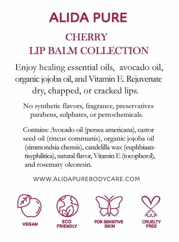 ALIDA PURE Cherry Lip Balm Collection, Vegan Set, Beeswax Free, with Organic Jojoba and Avocado Oil, Vitamin E, Natural Moisturizer for Dry, Chapped Lips, 3 Tube Set