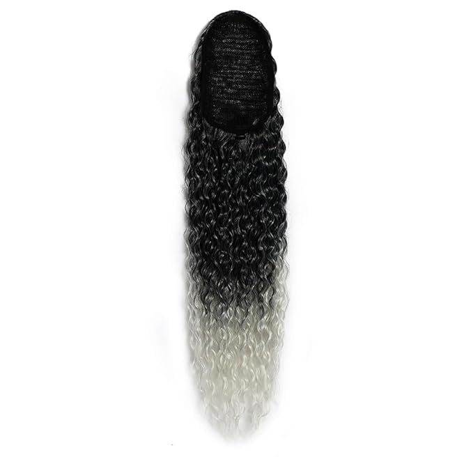 Deep Wave Ponytail Extension for Women 24 Inch Black to Gray Curly Wavy Ponytail Hair Extensions Drawstring with Clips Short Synthetic Hairpiece for Daily and Party