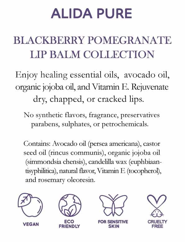 ALIDA PURE Blackberry Pomegranate Lip Balm Collection, Vegan Set, Beeswax Free, with Organic Jojoba and Avocado Oil, Vitamin E, Natural Moisturizer for Dry, Chapped Lips, 3 Tube Set