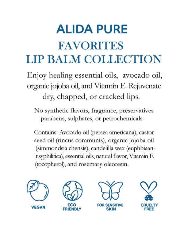 ALIDA PURE Favorites Lip Balm Collection, Vegan Set, Bees Wax Free, Coconut Oil Free, with Organic Jojoba and Avocado Oil, Vitamin E, Natural Moisturizer For Dry Cracked Lips, 3 Tube Set