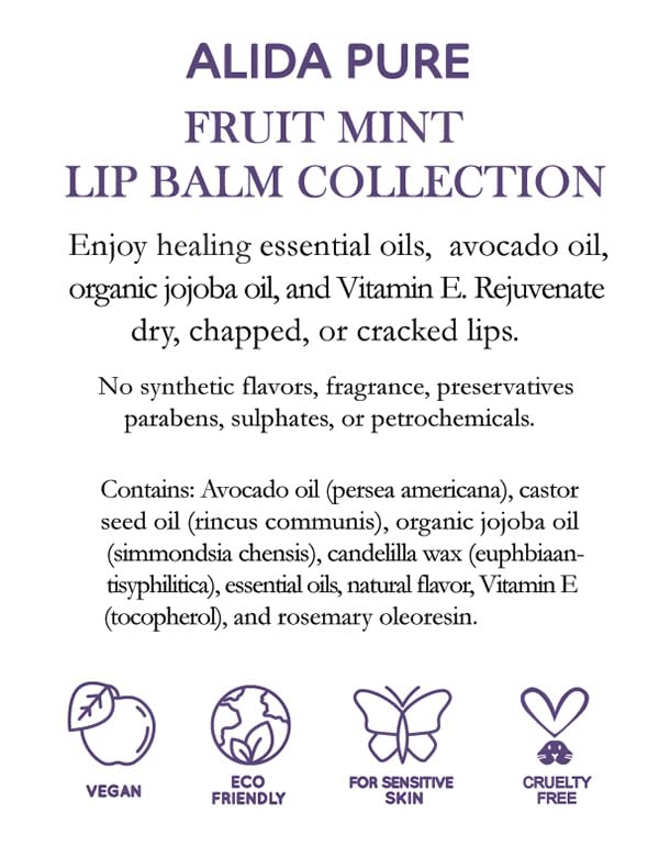 ALIDA PURE Fruit Mint Lip Balm Collection, Vegan Set, Bees Wax Free, Coconut Oil Free, with Organic Jojoba and Avocado Oil, Vitamin E, Natural Moisturizer For Dry Cracked Lips, 3 Tube Set